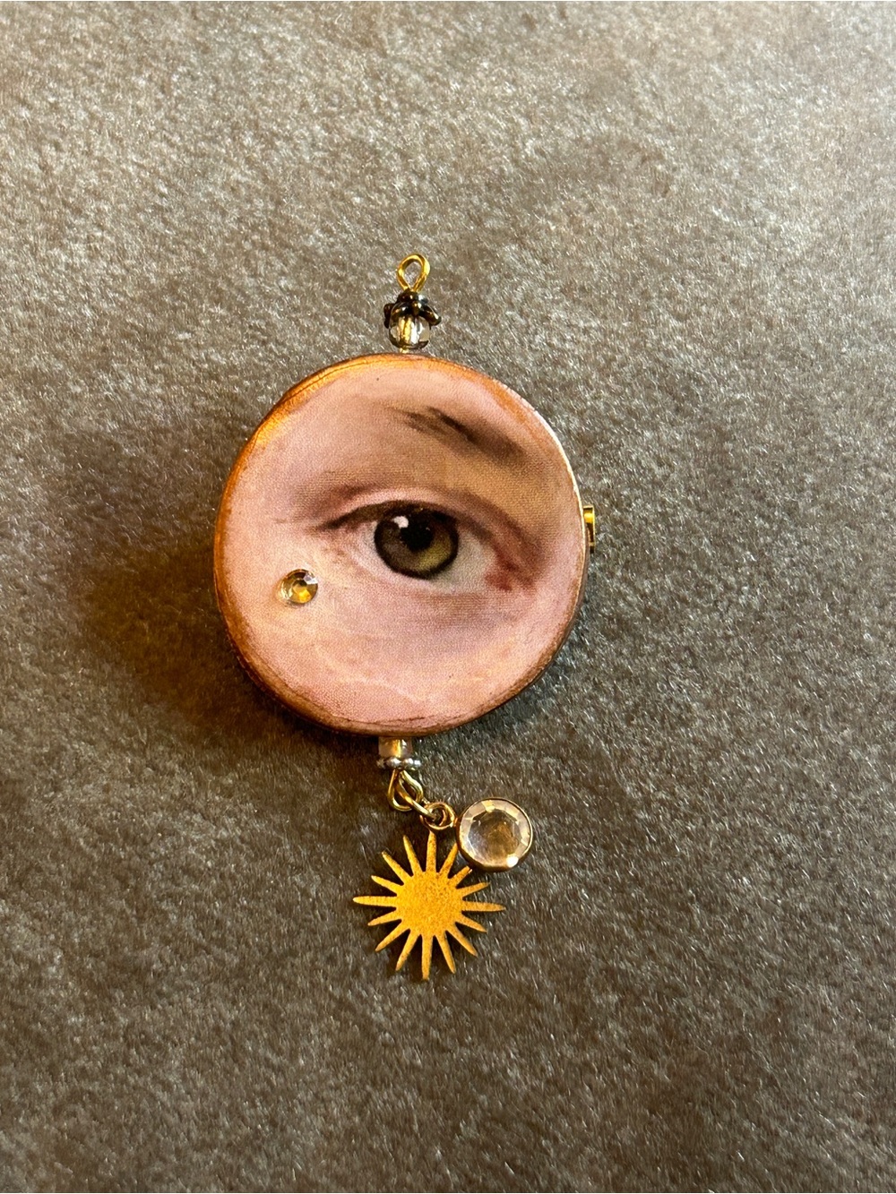 Handmade Lover’s Eye Brooch with Gold Sun Charm - Pink & Gold